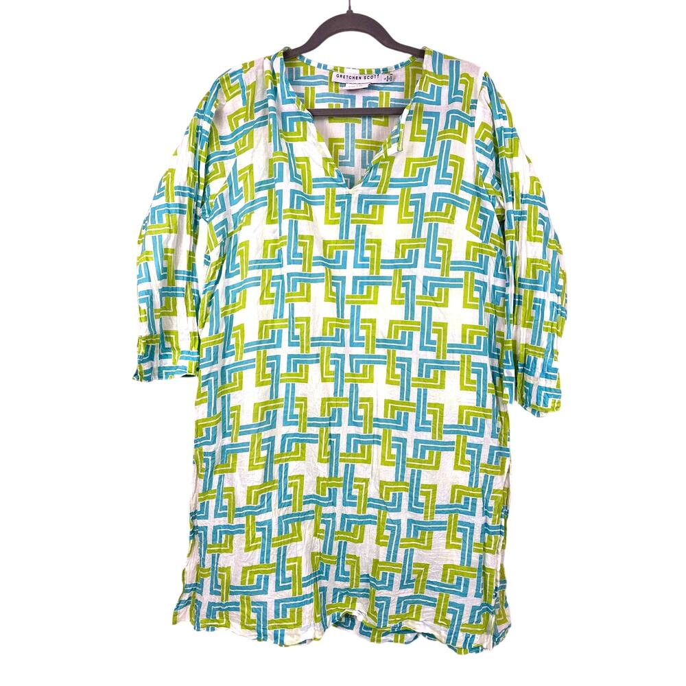 Gretchen Scott Womens L White Green Lightweight 3/4 Sleeve Cotton Tunic Dress
